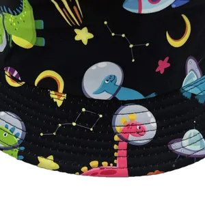 Chapeau bob noir pour enfants avec motif dessin animé dinosaure astronaute et espace