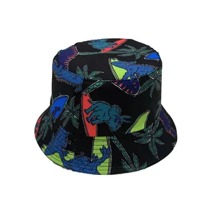 Kids black bucket hat with cartoon surfing dinosaur prints for outdoor sun protection