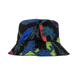 Detail of kids bucket hat with colorful dinosaur surfing prints on black fabric
