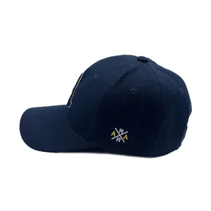 Navy blue cotton baseball cap with AR letter embroidery and curved brim in side view