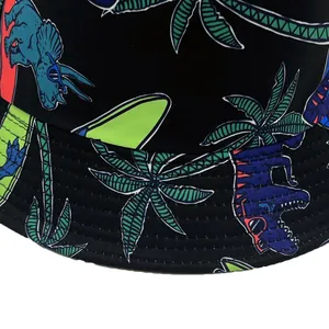 Detail of the high-quality stitching and colorful dinosaur print on the black bucket hat