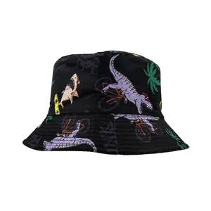 Kids black bucket hat with cartoon dinosaurs and sharks prints for sun protection