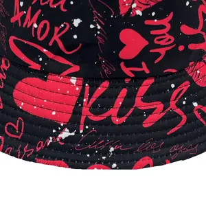 Detailed close-up of heart and kiss pattern on black canvas Valentine fisherman hat