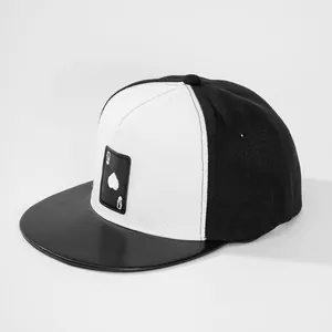 Streetwear flat brim baseball cap with Queen of Spades embroidery and faux leather visor