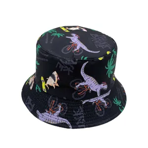 Kids Cartoon Dinosaur Shark Print Bucket Hat Breathable Sun Protection Outdoor Fisherman Hat For Boys Girls Black Polyester Cap