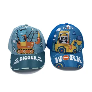 Kids baseball caps featuring cartoon dinosaur excavator and panda bulldozer prints