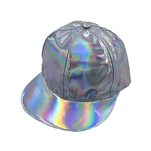 Futuristic holographic flat brim baseball cap with iridescent rainbow metallic finish