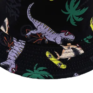 Kids black sun hat with colorful dinosaur and shark prints for outdoor protection