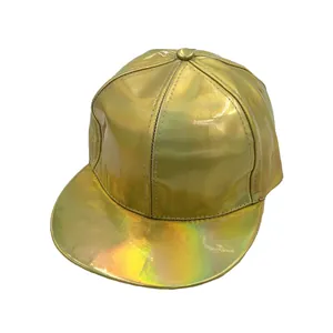 Detail of golden holographic baseball cap showing smooth metallic finish and stitching