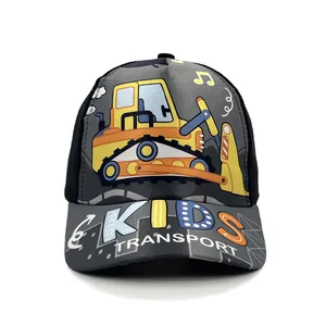 Kids baseball cap featuring cartoon yellow excavator design with contrast brim
