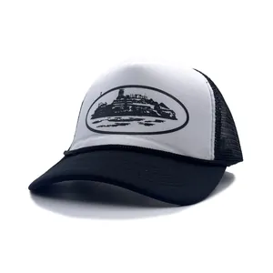 Retro black and white trucker hat with island illustration and breathable mesh panels
