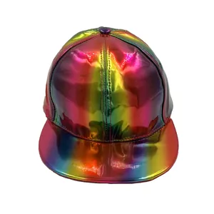 Rainbow gradient holographic flat brim baseball cap with metallic shiny finish