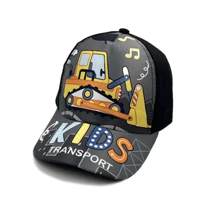 Detail of kids baseball cap featuring colorful cartoon bulldozer and KIDS TRANSPORT print