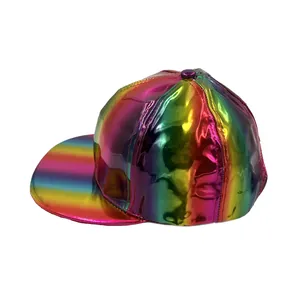 Rainbow metallic holographic snapback flat brim baseball cap with glossy finish