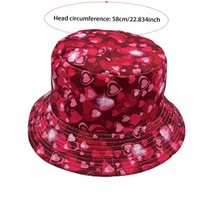 Red bucket hat with heart print for Valentine's Day, 58cm head circumference sun protection
