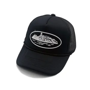 Classic black and white trucker hat with island print and breathable mesh back