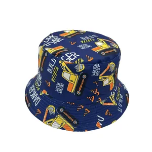 Kids navy blue bucket hat featuring yellow excavator prints and sun protection brim