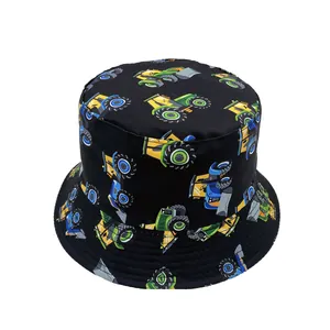 Kids Cartoon Engineering Vehicle Tractor Pattern Bucket Hat Polyester Sun Protection Outdoor Casual Sun Hat For Boys Girls