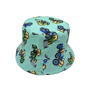 Kids mint green bucket hat with colorful cartoon tractor and bulldozer patterns