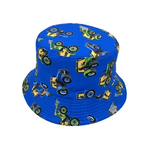 Detail of blue kids bucket hat featuring colorful cartoon tractor prints and stitching