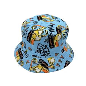 Detail of blue sun hat with cartoon excavator prints and reinforced brim stitching