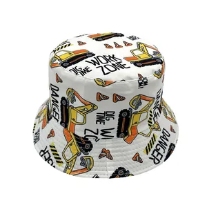 Detailed close-up of cartoon excavator print and WORK ZONE text on kids bucket hat