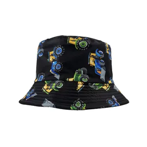 Kids black bucket hat with colorful cartoon bulldozer and tractor prints for sun protection