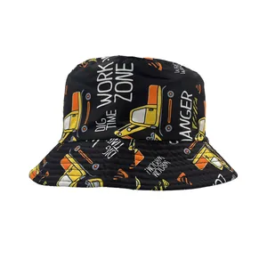 Kids black bucket hat with yellow excavator patterns for outdoor sun protection