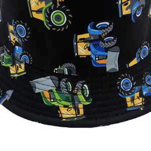Kids black bucket hat with colorful cartoon tractor and bulldozer patterns for sun protection