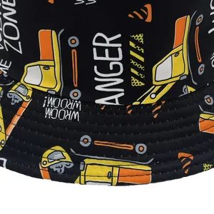Kids black bucket hat with cartoon excavator prints and sun protection for outdoor activities