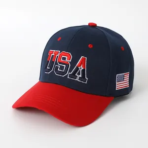 Detail of high-quality USA 3D embroidery and flag patch on cotton baseball cap