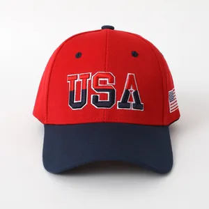 Classic USA embroidered baseball cap in red and blue contrast with flag detail