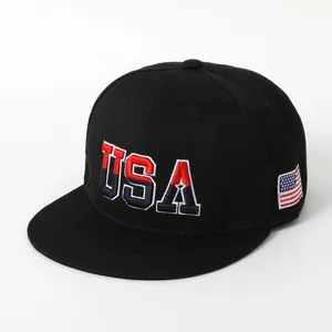 Classic black USA hip-hop snapback hat with 3D embroidery and American flag patch