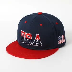Classic USA hip hop snapback cap with navy blue crown, red brim, and high-quality 3D embroidery