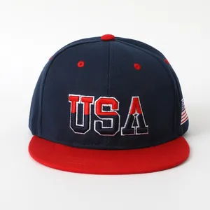 Detailed view of USA 3D embroidery and American flag patch on a snapback baseball cap