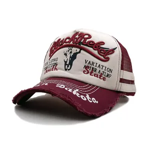 Distressed mesh trucker hat with bull embroidery and vintage Black Rebel lettering