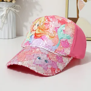 Detailed view of pink sequins mermaid and unicorn patterns on children's baseball cap