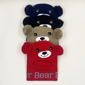 Passamontagna Invernale Per Bambini Piccoli Scaldacollo Integrato In Acrilico Con Pompon Motivo Orso Cappello A Maglia