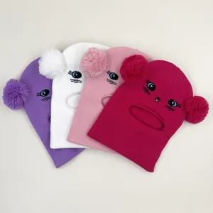 Kids Knitted Balaclava Hat With Pom Poms Cartoon Cat Jacquard Winter Warm Beanie Neck Warmer For Girls Toddlers