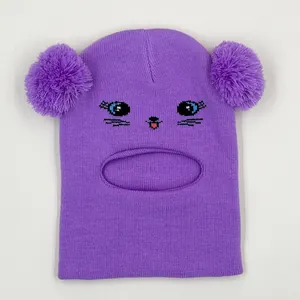 Cute purple knit cat balaclava with dual pom-poms and integrated neck warmer for girls