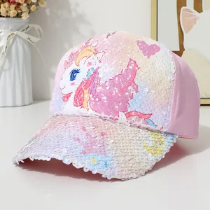 Pink sequin baseball cap for girls featuring a cute unicorn pattern and glitter brim