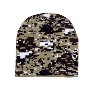 Digital camouflage jacquard knit beanie for men and women in brown and white tones