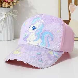 Detail of sequined mermaid baseball cap with unicorn print and sparkling purple brim