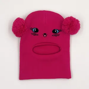 Cute girl's rose red cat jacquard knit hooded scarf with double pom-poms for winter warmth