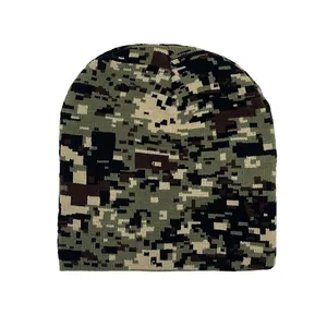 Winter digital camouflage knit beanie for men and women in olive green and brown tones