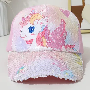 Pink sequin baseball cap for girls featuring a cute glitter unicorn and sweet style