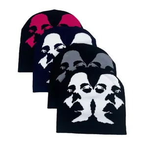 Women Men Face Sketch Jacquard Knit Beanie Winter Warm Acrylic Hat Streetwear Y2K Aesthetic Skull Cap Headwear Accessory