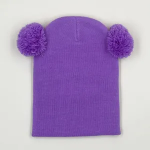 Purple girls knit hooded scarf hat with cute double pom-poms and cat jacquard texture