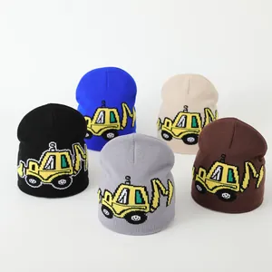 Kids Toddler Boys Knit Beanie Hat Cute Cartoon Excavator Jacquard Warm Winter Pullover Cap For Toddlers Children Daily Wear