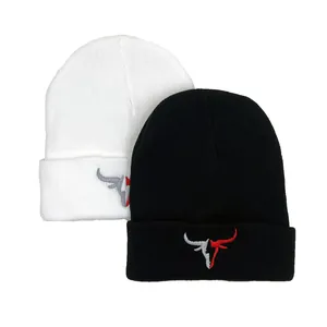 Unisex Acrylic Knit Beanie Hat With Bull Head Embroidery Warm Winter Cuffed Skull Cap For Outdoor Daily Hip Hop Style